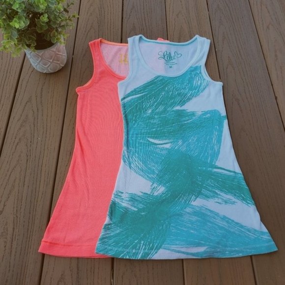 2 Pacsun Lilu Neon Pink Teal White Ribbed Tank Tops Active Shirts Gym Lounge Set - Picture 1 of 8